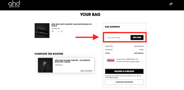 ghd coupon box on checkout page