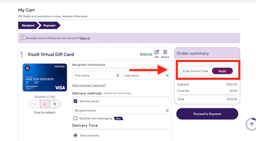 Giftcards.com coupon box at checkout