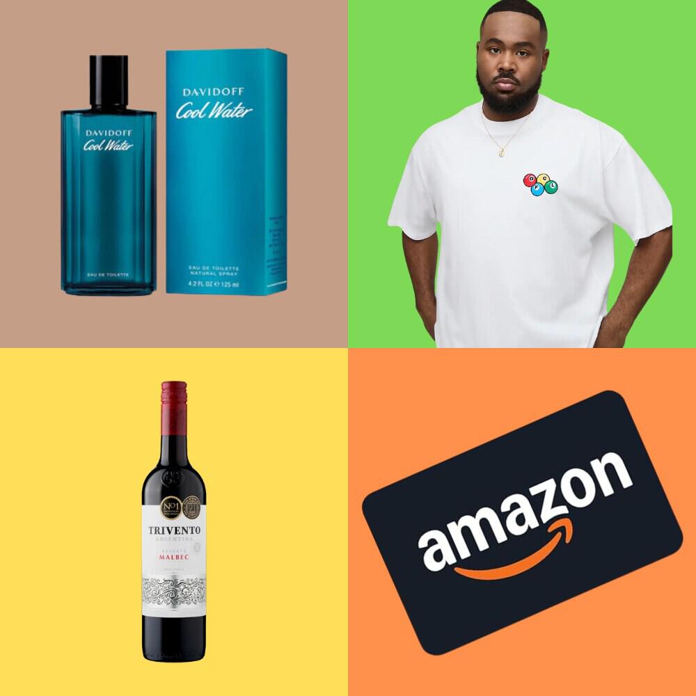 Gifts for dads who want nothing image featuring a selection of gifts, including a man wearing a t-shirt and an Amazon gift card