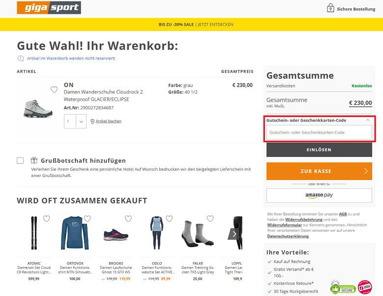 img: gigasport-gutschein-einloesen / alt: Screenshot aus dem Warenkorb mit Hinweis darauf, wie du den Gigasport Gutschein einlösen kannst.