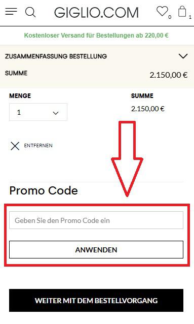 Screenshot vom Eingabefeld mit Hinweis darauf, wo du deinen Giglio Gutschein einlösen kannst