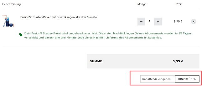 Eingabefeld für den von Gillette-Gutschein im Warenkorb