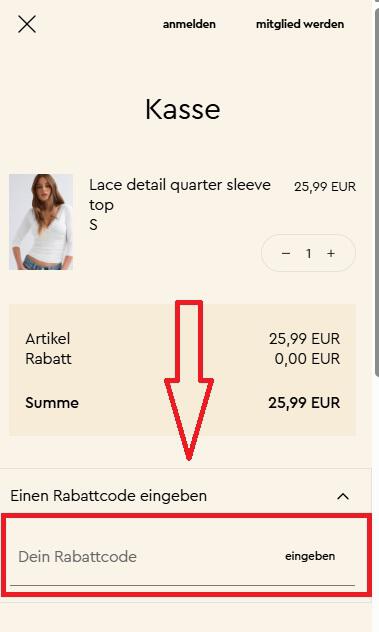 Screenshot vom Eingabefeld mit Hinweis darauf, wo du deinen Gina Tricot Rabattcode einlösen kannst
