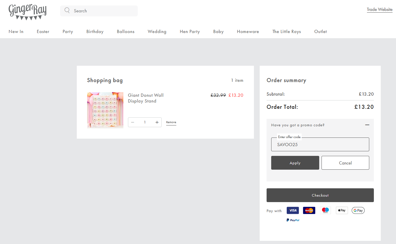 Ginger Ray discount code application box on the online basket window
