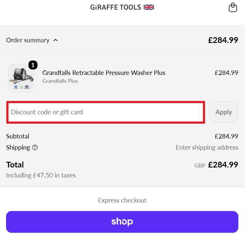 Giraffe Tools discount code box during checkout image