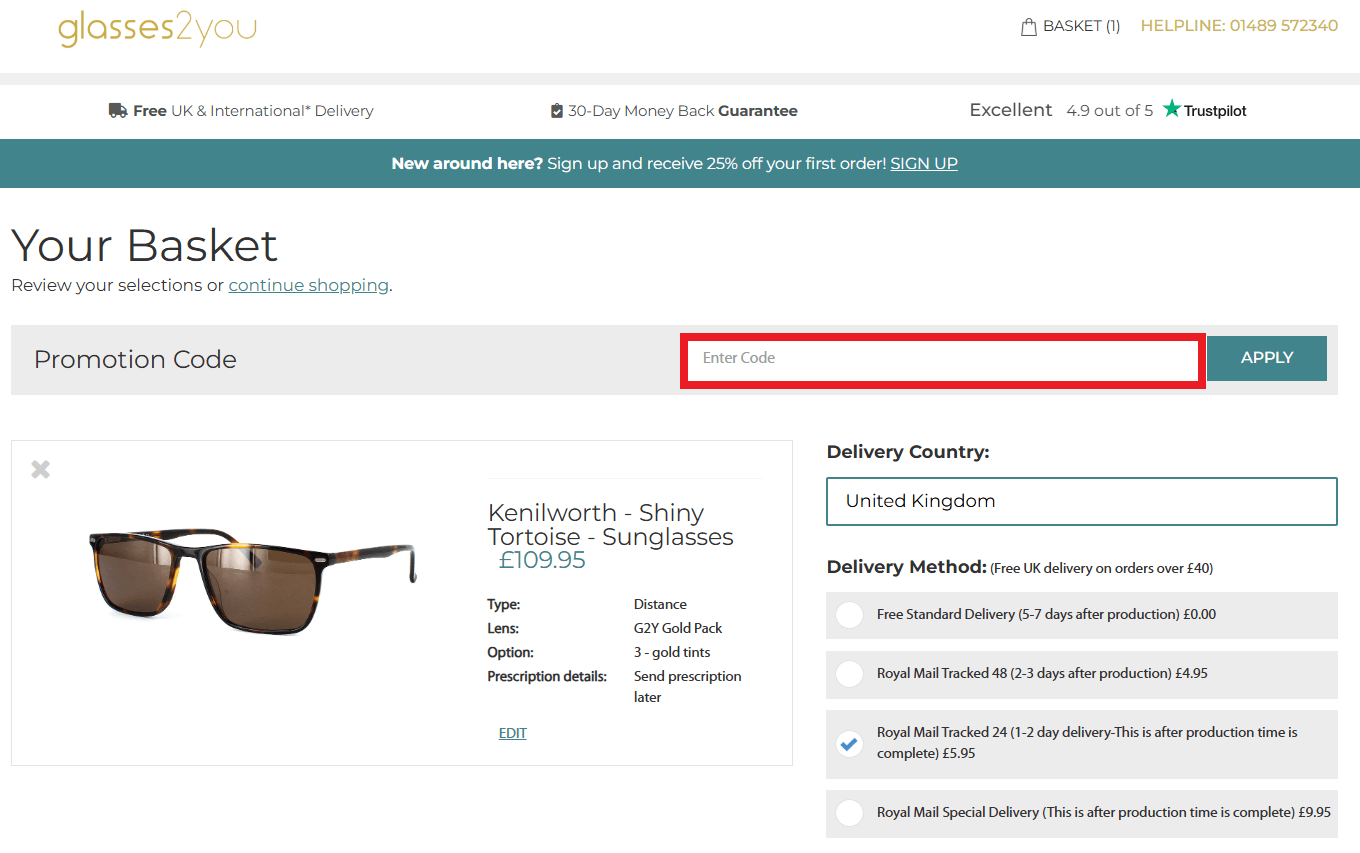 Glasses2You discount code box during checkout process