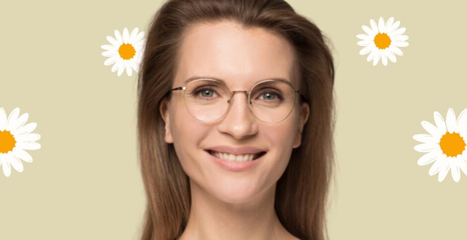 Glasses2You savings guide image showing a smiling woman wearing glasses in front of a floral graphic background