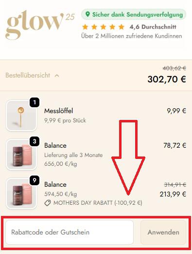 Screenshot vom Eingabefeld mit Hinweis darauf, wo du den Glow25 Gutschein einlösen kannst