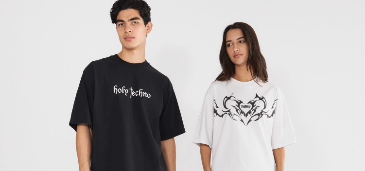 Glue Store deals page image showing a man and woman wearing trendy tees in black and white