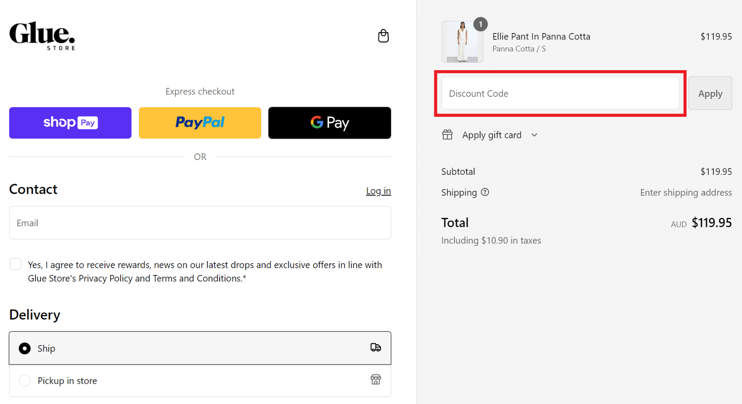 Glue Store discount code box during checkout
