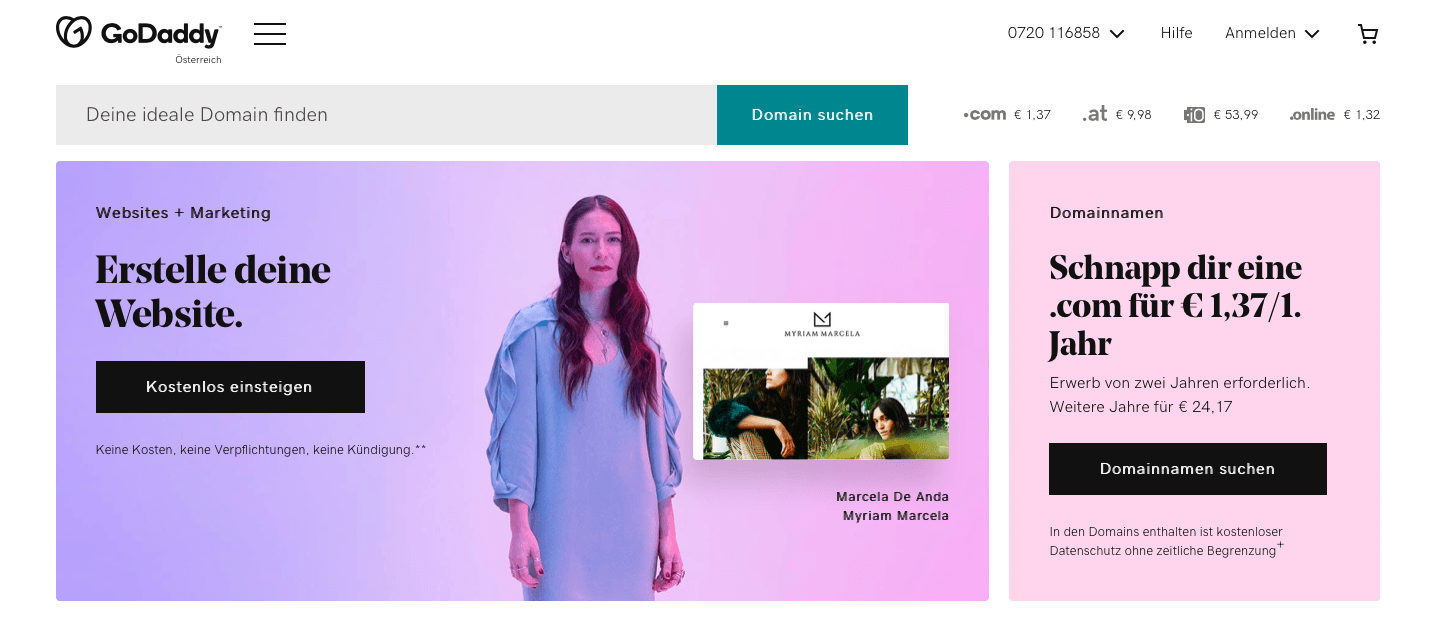Go Daddy Online-Shop mit großer Auswahl an Domains und Webseiten