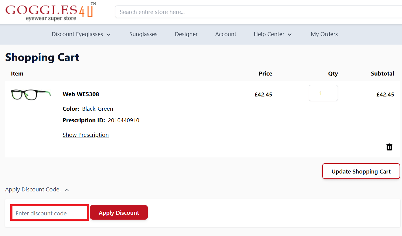 Goggles4u discount code box on basket page image