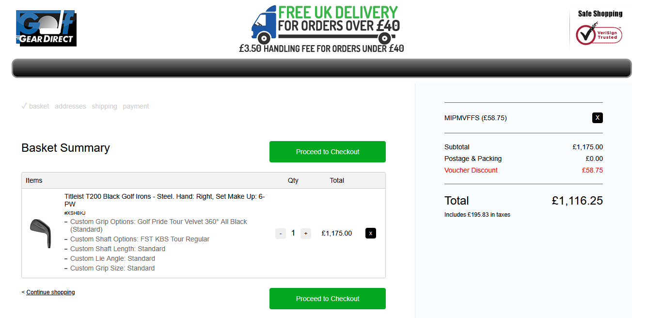 Screenshot of the Golf Gear Direct discount code box at checkout on the Golf Gear website
