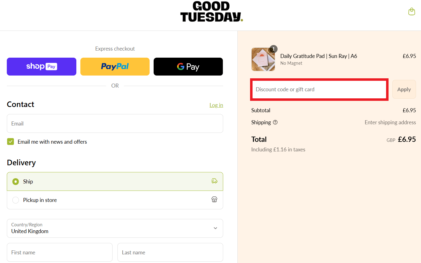 Good Tuesday discount code box in shopping cart