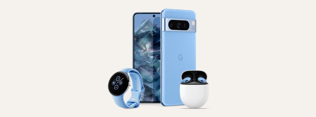 Google Pixel 8 pro, the Pixel Watch 2, and the Google Pixel Buds