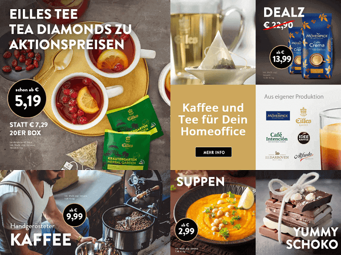Übersicht verschiedener GOURVITA Angebote für Eilles Tee, Kaffee, Schokolade und Suppen