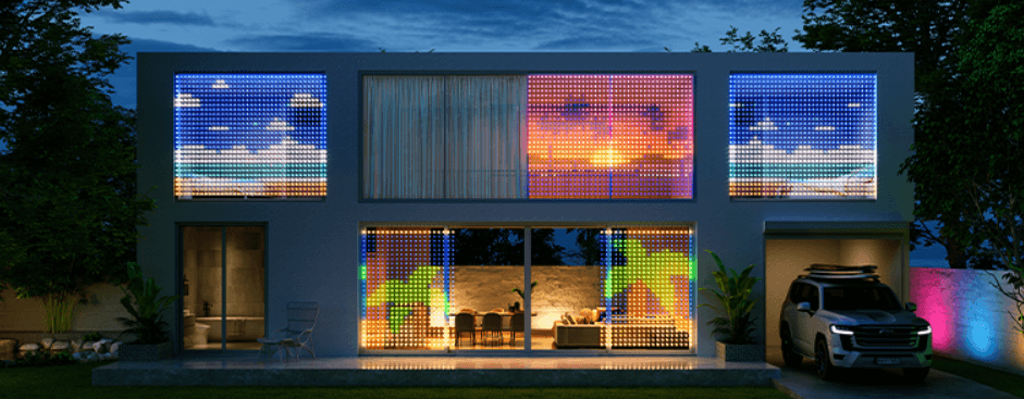 Govee more ways to save banner featuring the outside of a modern house illuminated by Govee lights