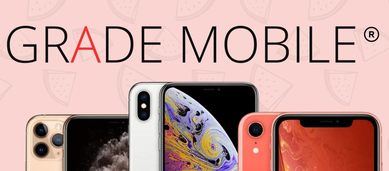 Grade Mobile page savings banner featuring the top half of 3 different smartphones below the company logo against a pink background