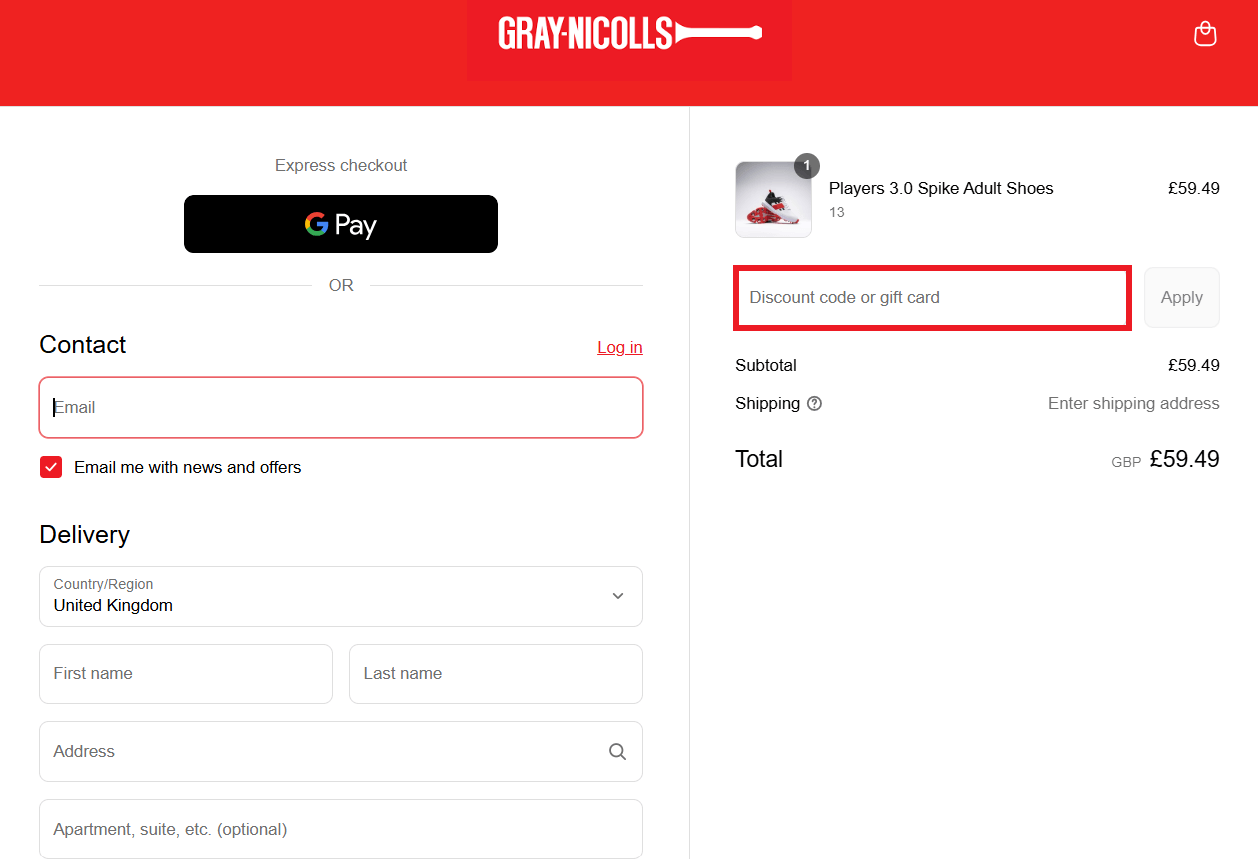 Gray-Nicolls discount code box in shopping basket picture