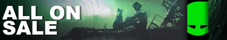 Mann und Hund in grüner Spiellandschaft auf Banner für Green Man Gaming Sale