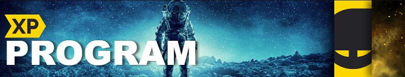 Astronaut in blauer Spiellandschaft auf Banner für Green Man Gaming XP Programm