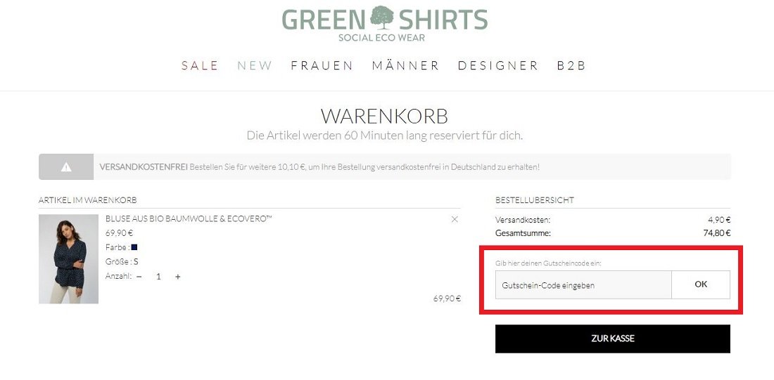 GREEN SHIRTS Gutschein im Warenkorb einlösen