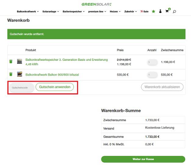 img: green-solar-gutschein-einloesen / alt: Screenshot aus dem Warenkorb mit Hinweis darauf, wie du den Green Solar Gutschein einlösen kannst.
