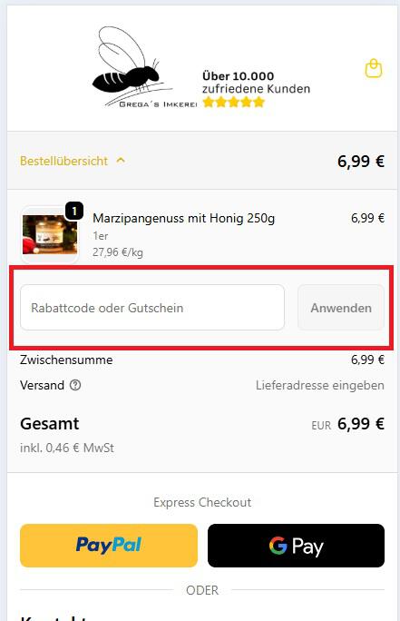 Eingabefeld für Gregas Imkerei Rabattcode oder Gutschein
