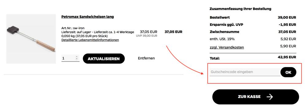 Warenkorb-Screenshot mit Eingabefeld für deinen Grillfürst Gutschein
