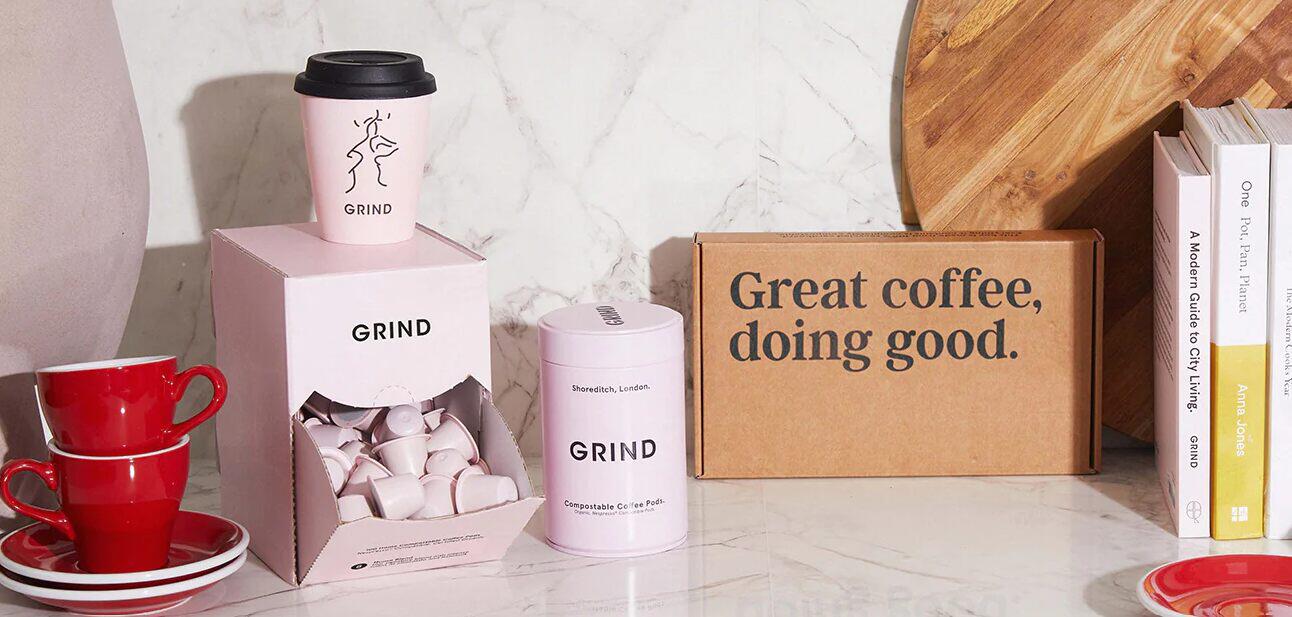 Grind more ways to save Image - Kitchen worktop showing branded coffee pods and a cardboard box with the text great coffee, doing good