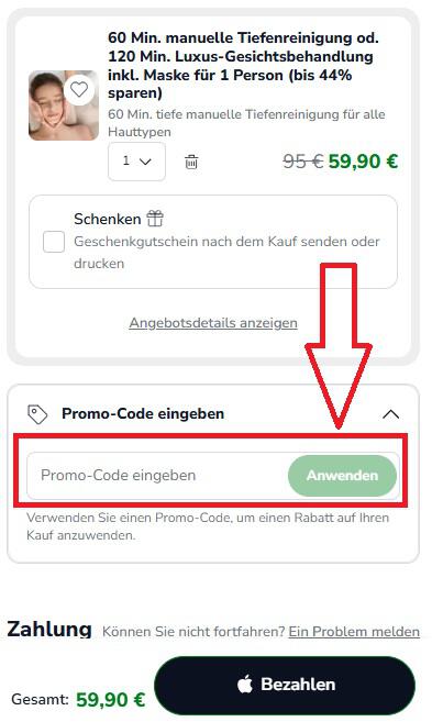 Screenshot aus dem Warenkorb mit Eingabefeld, wo du deinen Groupon Gutschein einlösen kannst