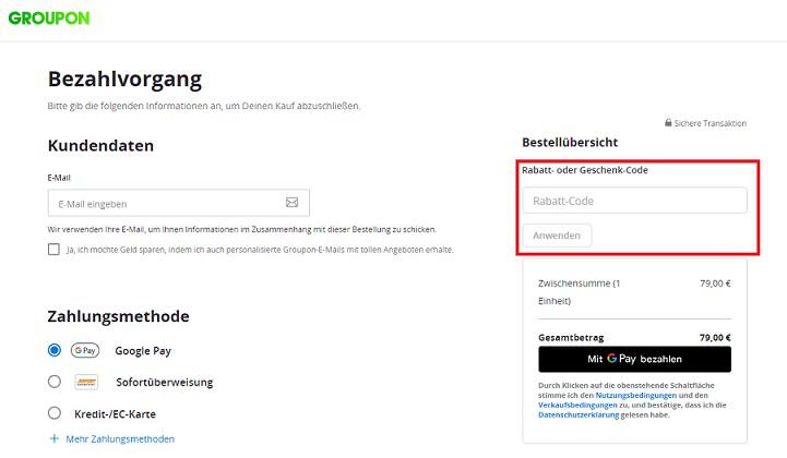 Screenshot aus dem Warenkorb mit Eingabefeld, wo du deinen Groupon Gutschein einlösen kannst