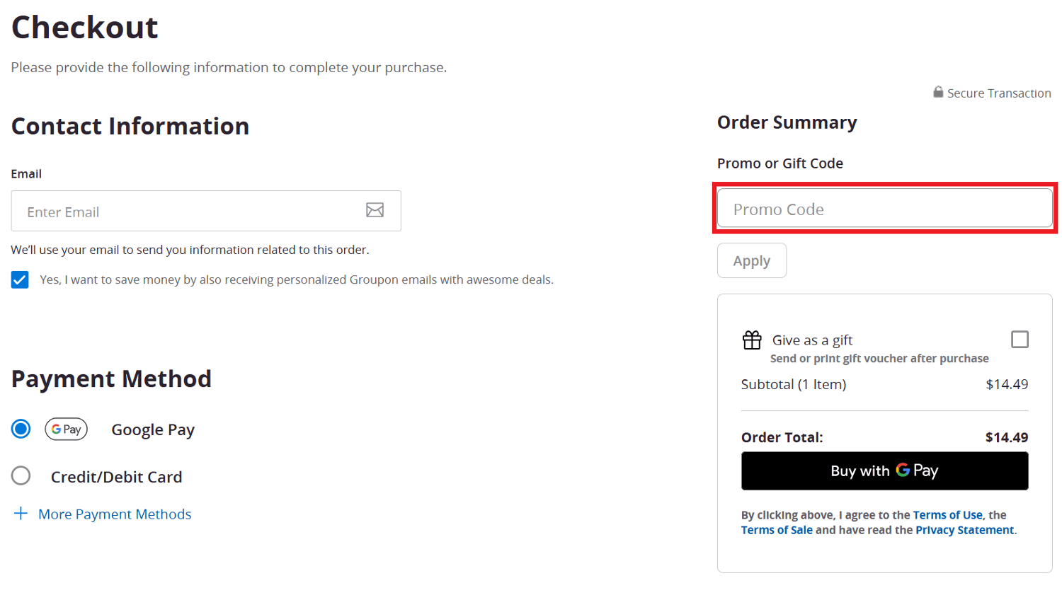 Groupon promo code box during checkout