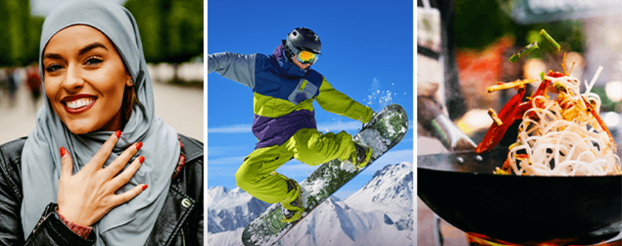 Groupon – Woman showing nails, Man snowboarding and food in a wok