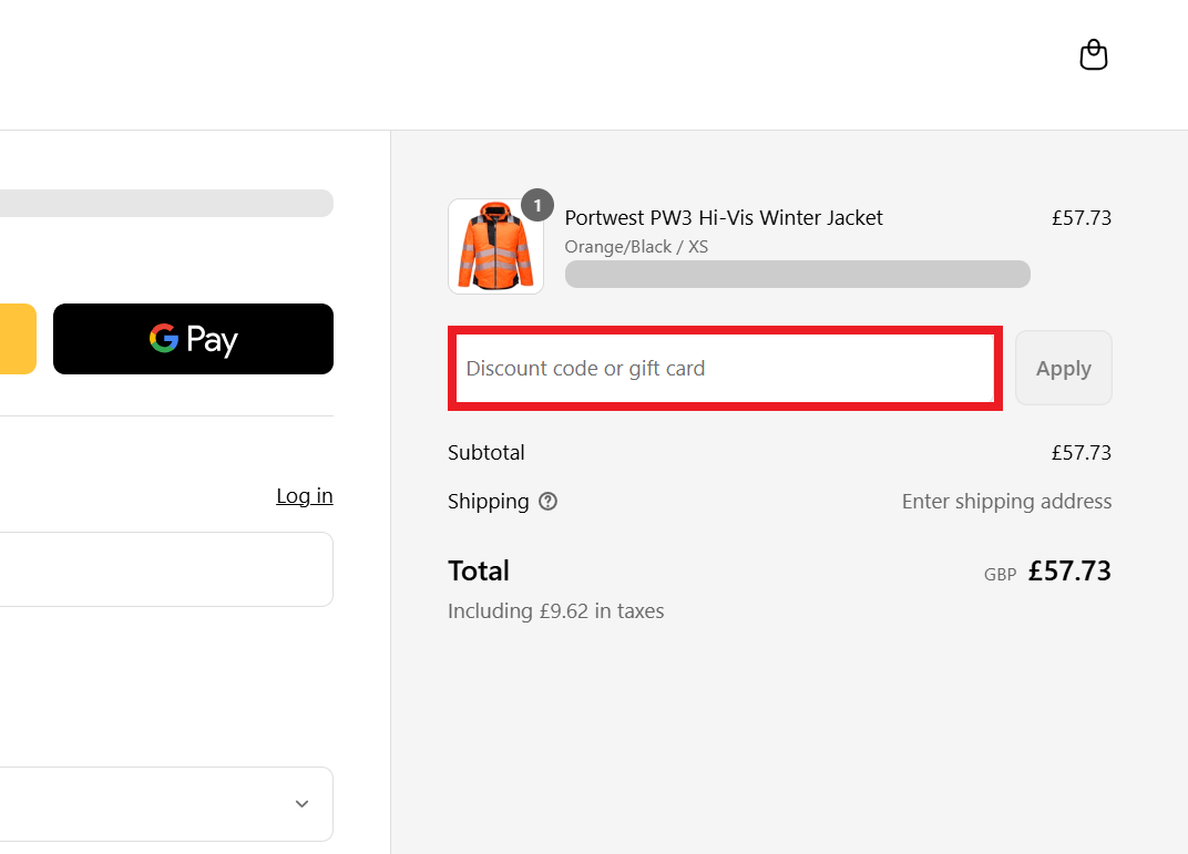 GS Workwear discount code box in shopping basket
