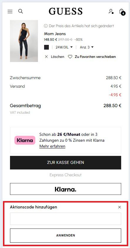 Eingabefeld für GUESS Rabattcode in der Warenkorbansicht