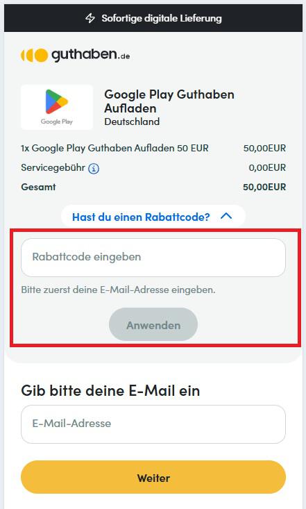 Screenshot vom Eingabefeld für einen Guthaben.de Rabattcode