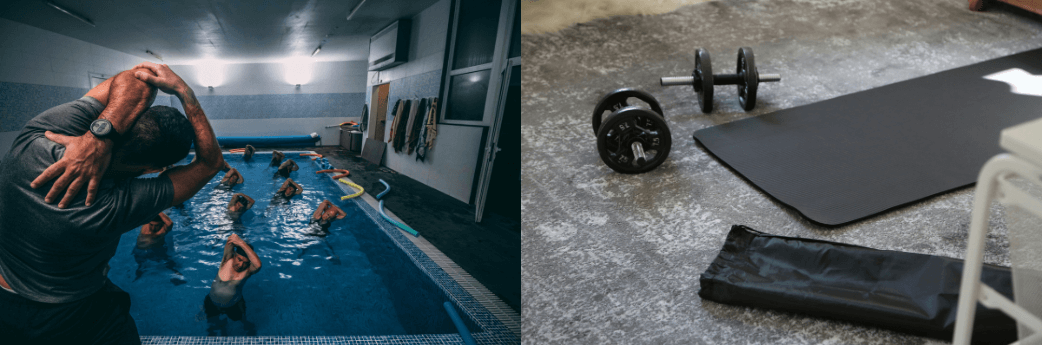 pictures of a fitness swimming class and assorted workout equipment