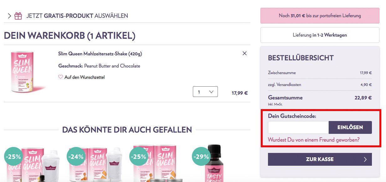 Eingabefeld für den Rabattcode im Online-Shop von Gymqueen