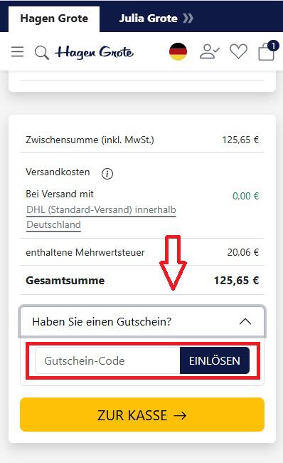Eingabefeld für den Hagen Grote Gutschein im Warenkorb