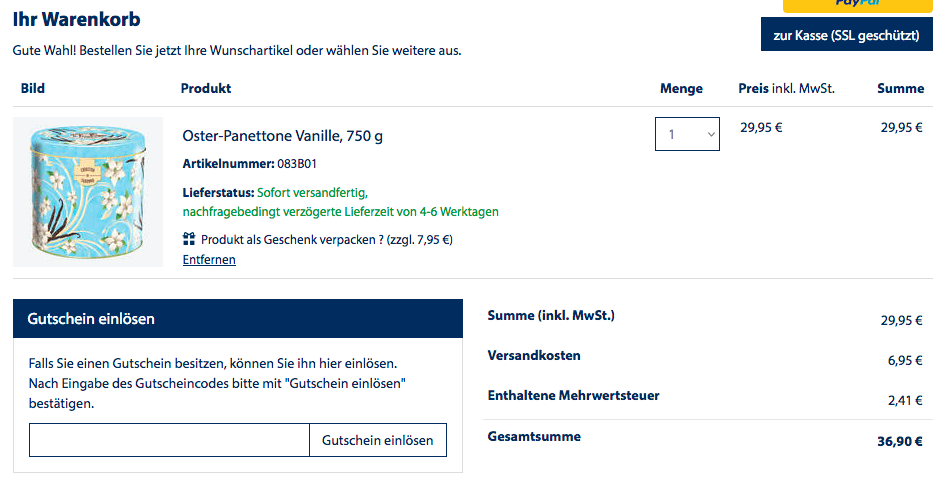 Eingabefeld für den Hagen Grote Gutschein im Warenkorb