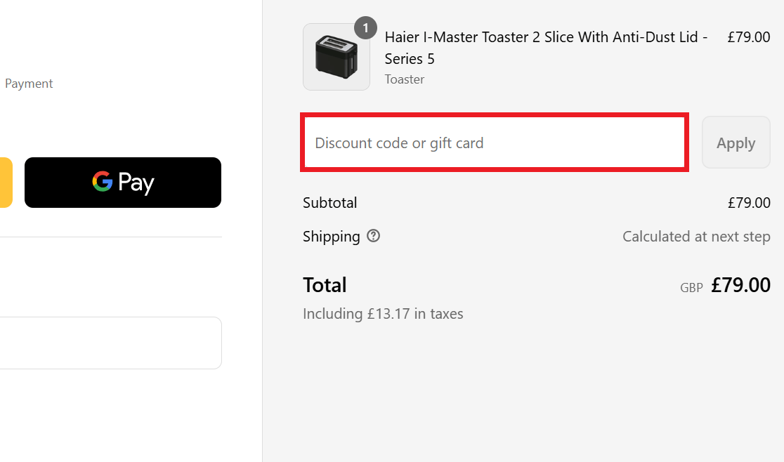 Haier discount code box in shopping basket picture