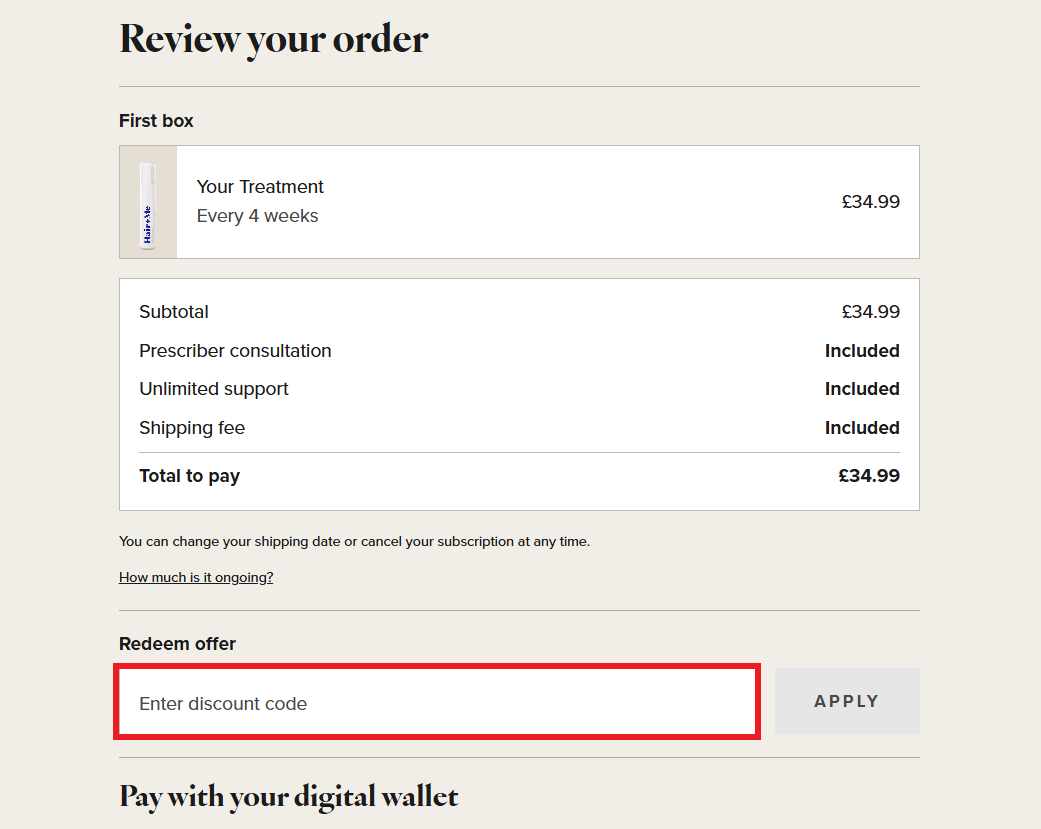 Hair and Me discount code box during checkout image