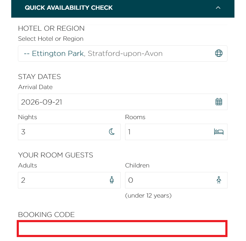 Hand Picked Hotels discount code box on hotel availability page