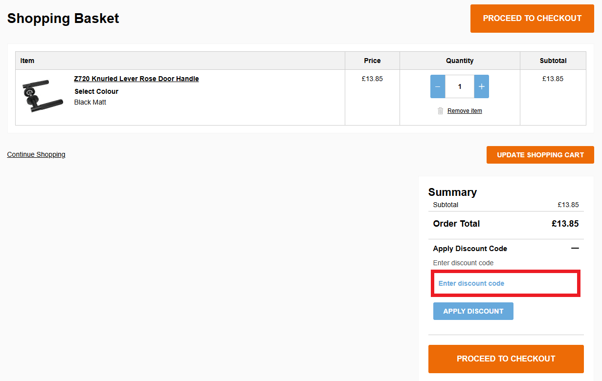 Handlestore discount code box in shopping basket