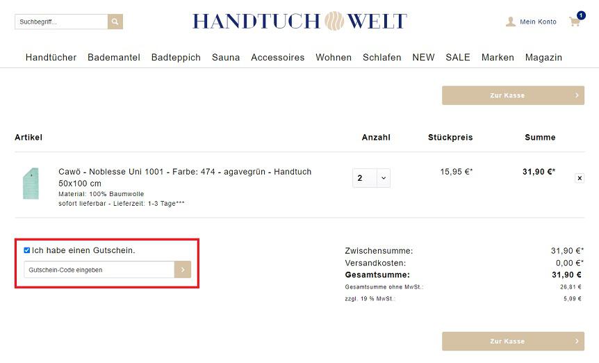 Screenshot aus dem Warenkorb mit Hinweis darauf, wie du den Handtuch Welt Gutschein einlösen kannst