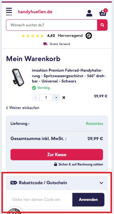 Eingabefeld für den Handyhuellen.de Gutschein in der Warenkorbansicht