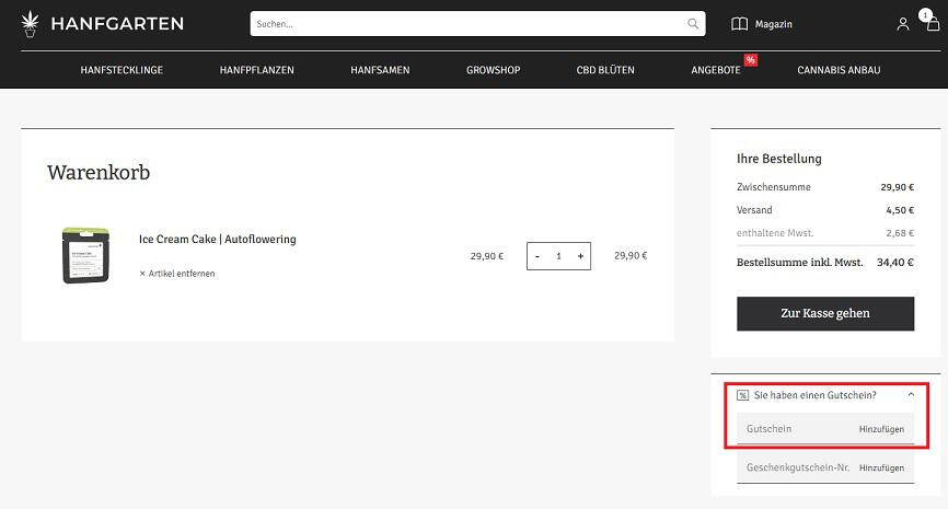 img: hanfgarten-gutschein-einloesen / alt: Screenshot aus dem Warenkorb mit Hinweis darauf, wie du den Hanfgarten Gutschein einlösen kannst.