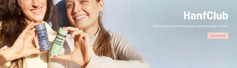 zwei Frauen mit Öl-Verpackungen in der Hand auf dem Banner für den Hanfgeflüster Club