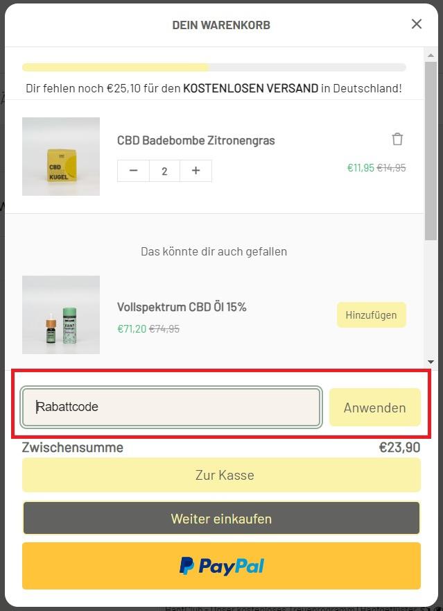 Screenshot vom Eingabefeld zum Hanfgeflüster Gutschein einlösen